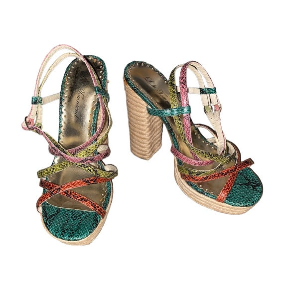 Lulu Townsend Shoes - LuLu Townsend Multicolor Strappy Snakeskin Chunky Pump Heels sz 7.5
